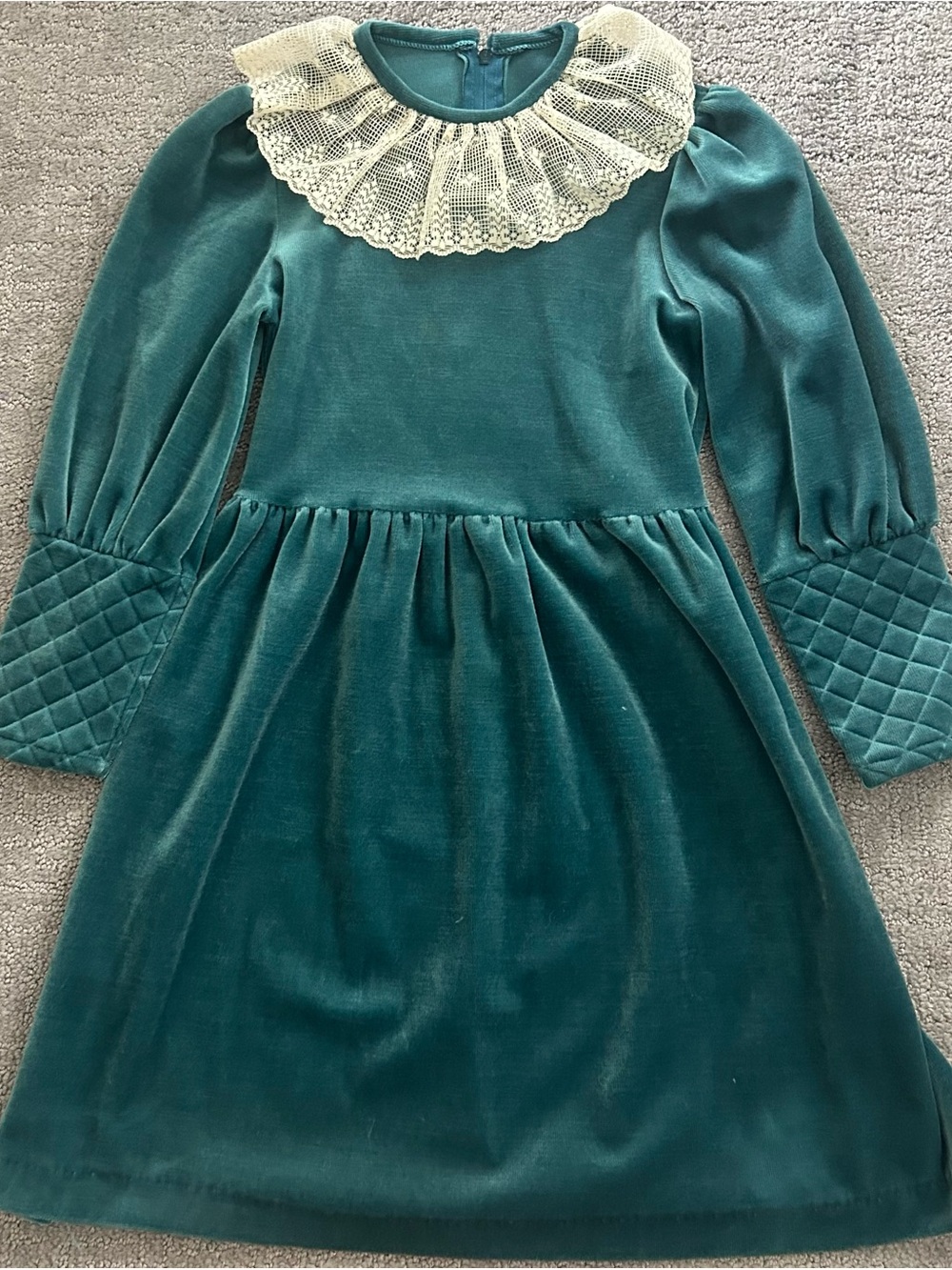 Girls Teal Velvet Dress with Lace Collar